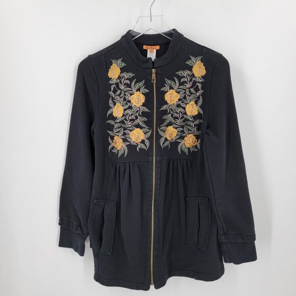 Tea House Zip Up Jacket Women's Medium Black Embroidered Yellow Roses - Picture 1 of 9